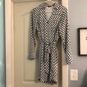 Bottom down, black-white polka dot dress